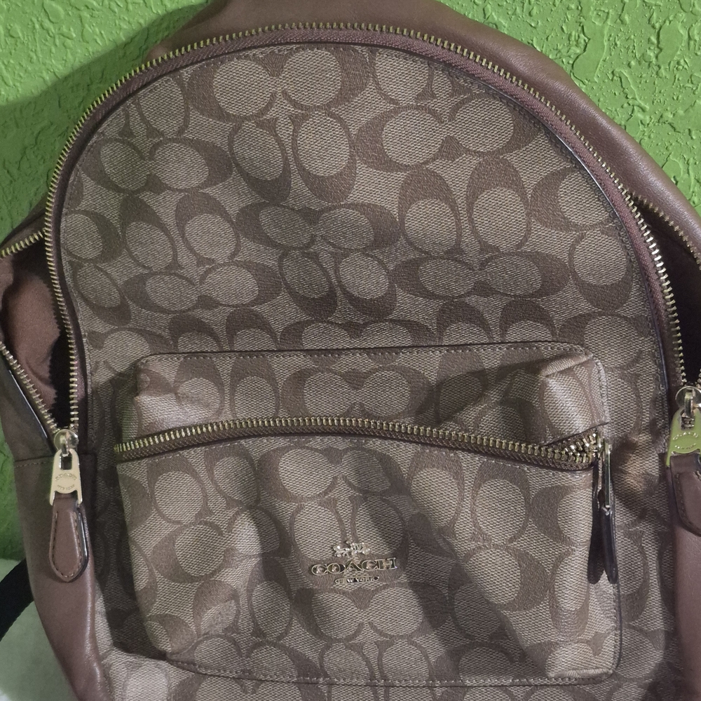Coach Signature Brown Backpack with Gold Accents